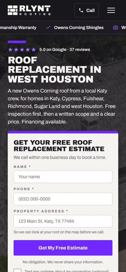 Rlynt Roofing's landing page on a phone