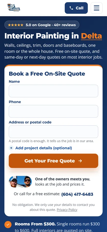 Texora Painting's landing page on a phone