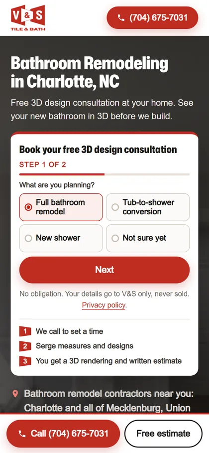 V&S Tile & Bath's landing page on a phone